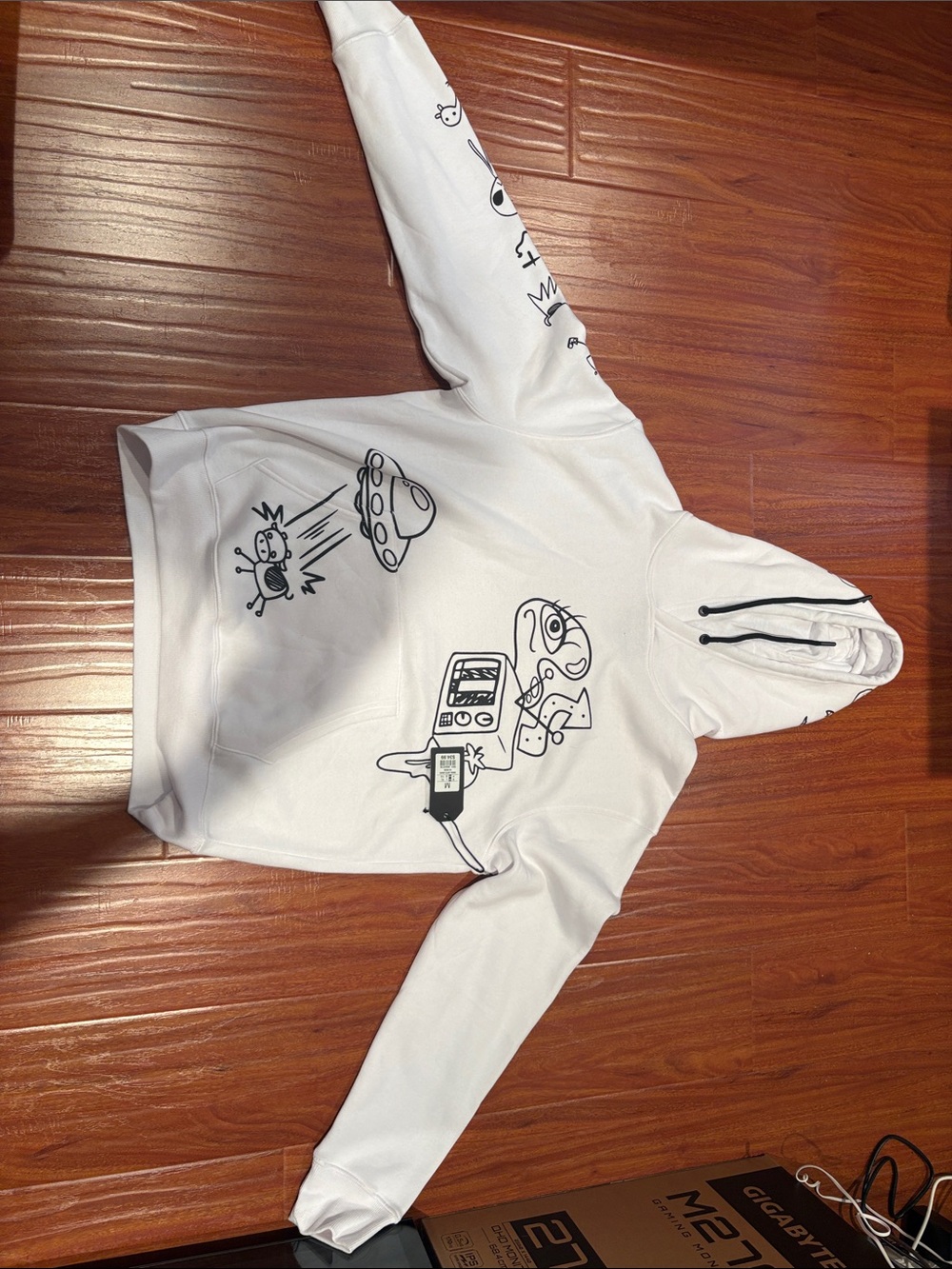 White Graphic Pullover Hoodie with Black Illustration